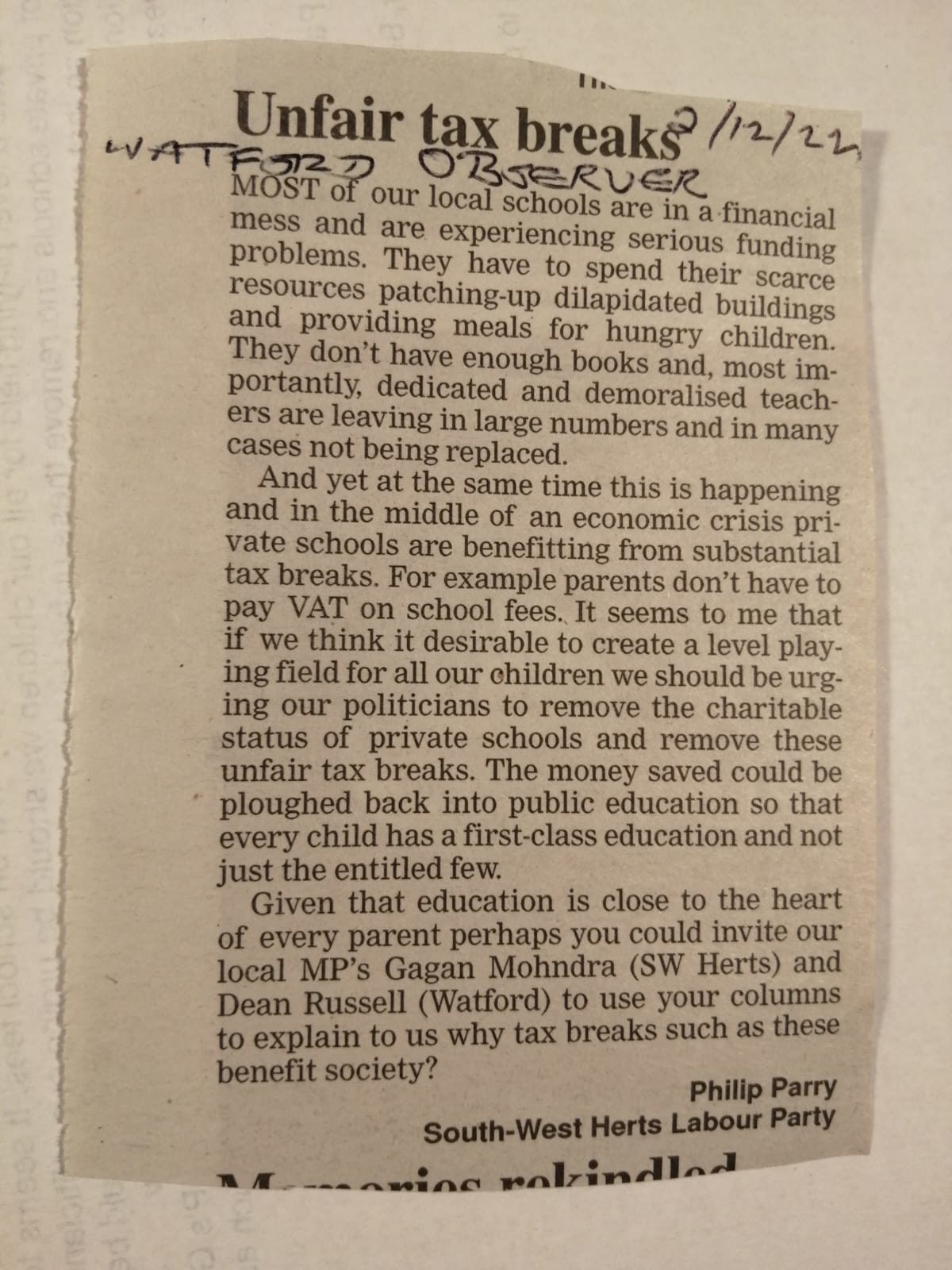 Image of the Press Cutting - Unfair tax breaks for private schools
